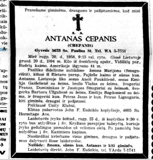 Antanas Čepanis (Chepanis) iš Budrių, mirė JAV.png