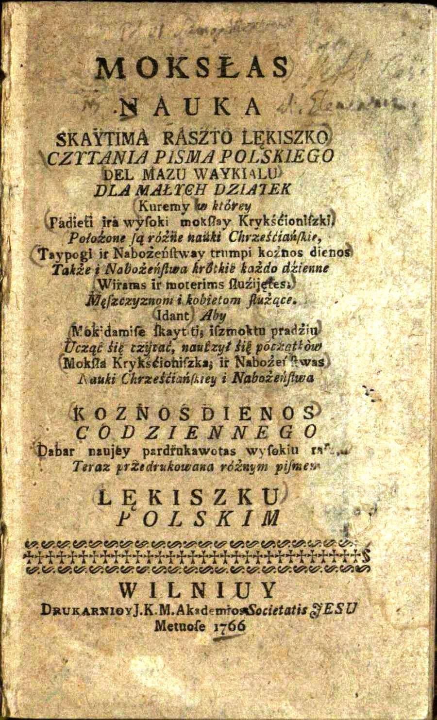Moksłas Nauka  skaytima raszto lękiszko del mazu waykialu, 1766.jpg